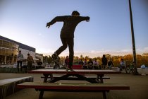 Скейтбордист на ділі у Венеціанському пляжному скейт-парку в Лос - Анджелесі (штат Каліфорнія, США). — стокове фото