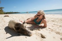 Happy young woman lying by pig on sand at beach during summer vacation — Stock Photo