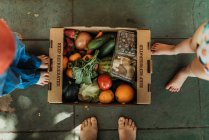 Box with vegetables and fruits on the floor — Stock Photo