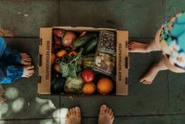 Коробка з овочами та фруктами на підлозі — стокове фото