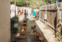 Kleinkind und Welpe spielen gemeinsam draußen im Hof — Stockfoto