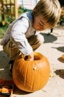 Bambino ritagliando zucche per Halloween sul loro patio — Foto stock