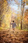 Young boy walking on leaf covered path with a big stick on autumn day. — Stock Photo