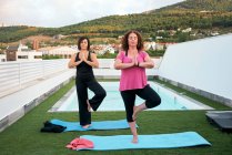Two women practice yoga on the terrace of the house, Tree pose — Stock Photo