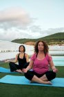 Дві жінки практикують йогу на терасі будинку, пози лотоса — стокове фото