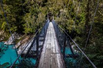 Ponte de madeira sobre o rio no fundo da natureza — Fotografia de Stock