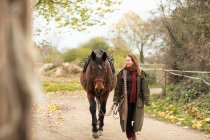 Junge Reiterin mit Pferd draußen zu Fuß — Stockfoto
