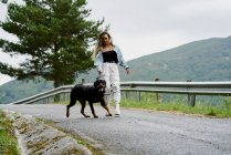 Jeune femme aux cheveux blonds tressés portant une veste en denim et un jean blanc promenant son chien un jour de pluie — Photo de stock