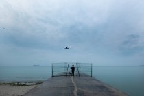 Donna in piedi dietro le sbarre vicino al mare — Foto stock