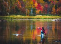 Woman angler catching a fish during fall foliage season — Stock Photo