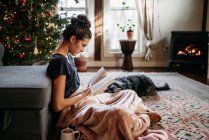 Jeune femme lisant avec chien, assise près de la cheminée et de l'arbre de Noël — Photo de stock