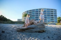 Due ragazze che giocano sul legno alla deriva sulla spiaggia — Foto stock