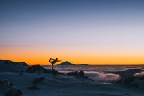 Jovem mulher em pose de ioga durante o pôr do sol com Mt Taranaki no fundo, Parque Nacional Tongariro, Nova Zelândia — Fotografia de Stock