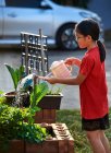 Девушка поливает овощи — стоковое фото