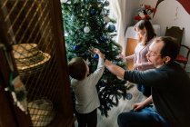Семья с маленькими детьми, украшающими елку в декабре — стоковое фото