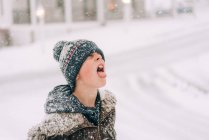 Ragazzo con cappello lanoso cattura fiocco di neve sulla lingua — Foto stock