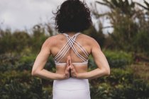 Pratique le yoga féminin à l'extérieur dans un champ à Hawaï — Photo de stock