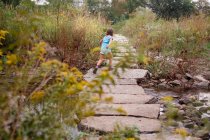 Un niño pequeño corre por el camino de piedra a través de una pradera sobre un arroyo - foto de stock