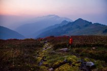 Contre un ciel coloré au lever du soleil, un grimpeur marche à travers un champ tout en montant vers Glacier Peak dans le Glacier Peak Wilderness à Washington. — Photo de stock