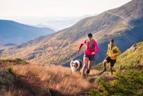 Man and woman trail running with dog in mountains at sunrise — Stock Photo