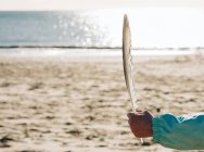 Рука ребенка держит большое перо на пляже в лучах солнца — стоковое фото