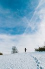 Женщина ходит по снежному полю — стоковое фото