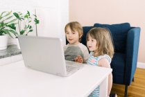 Duas crianças pequenas no laptop na sala de estar durante a chamada de vídeo online — Fotografia de Stock