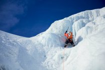 Guia de escalada de gelo masculino liderando uma escalada de gelo em New Hampshire — Fotografia de Stock