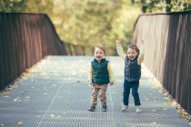 Due bimbi gemelli super positivi in passeggiata nel parco autunnale — Foto stock