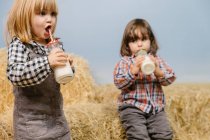Mignonnes petites filles sur une botte de foin avec du lait — Photo de stock