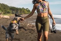 Жінка грає зі своєю собакою на пляжі . — стокове фото