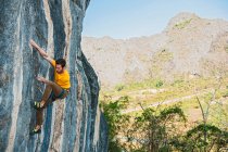 Uomo che si arrampica sulla scogliera calcarea in Laos — Foto stock