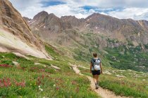 Visão traseira da mulher caminhando na montanha durante as férias — Fotografia de Stock