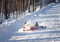 Young child sledding down a snowy hill in a wooded area on sunny day. — Stock Photo