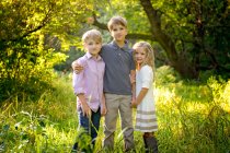 Tres afectuosos niños rubios de pie juntos en un prado. - foto de stock
