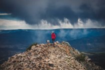 Rückansicht einer Frau mit Hund auf Berggipfel beim Wandern im Urlaub — Stockfoto