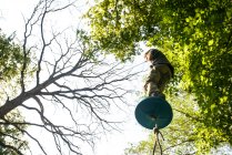 Garçon debout sur une balançoire haut dans les arbres. — Photo de stock