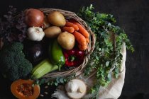 Плетеная корзина, полная овощей с куском тыквы в качестве протега — стоковое фото