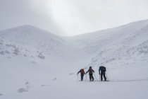 Rear view of people with backpacks and ski poles splitboarding on snowcapped mountain against sky — Stock Photo