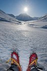Альпіністські черевики з судомами, прикріплені в гірському пейзажі — стокове фото