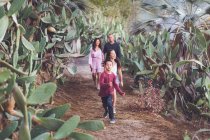 Famiglia di quattro persone che camminano felicemente su un sentiero di cactus. — Foto stock