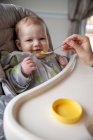 Cucchiaio che nutre avocado a un bambino felice. — Foto stock