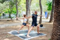 Happy couple practicing yoga in line in the forest. They practice sport in line outdoors. Healthy life style. Copy space. — Stock Photo