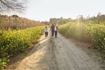 Mutter läuft auf Feldweg im Gespräch mit ihren Kindern — Stockfoto