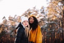 Портрет двох молодих жінок, що стоять на деревах взимку — стокове фото