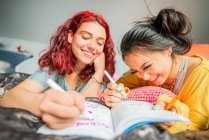 Gen z writing in her journal with friend — Stock Photo