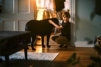 Маленький хлопчик кидає собаку біля вікна із заходом сонця на задньому плані — стокове фото