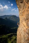 Schöne Aussicht auf Bergsteigerin am steilen felsigen Regenwaldberg, Tijuca Park, Rio de Janeiro, Brasilien — Stockfoto