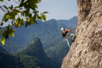 Bella vista al climber femminile sulla ripida montagna della foresta pluviale rocciosa, Parco Tijuca, Rio de Janeiro, Brasile — Foto stock