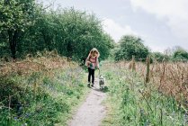 Chica joven paseando a su perro entre las campanas azules en el campo del Reino Unido - foto de stock